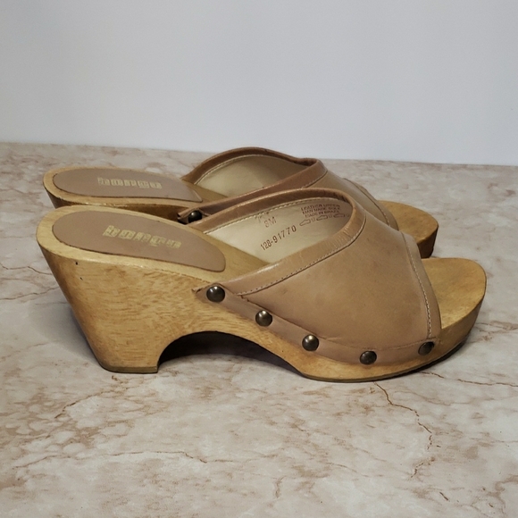 BONGO Retro Beige Leather Wood Platsform Women’s Mules Size 8 - Picture 3 of 7